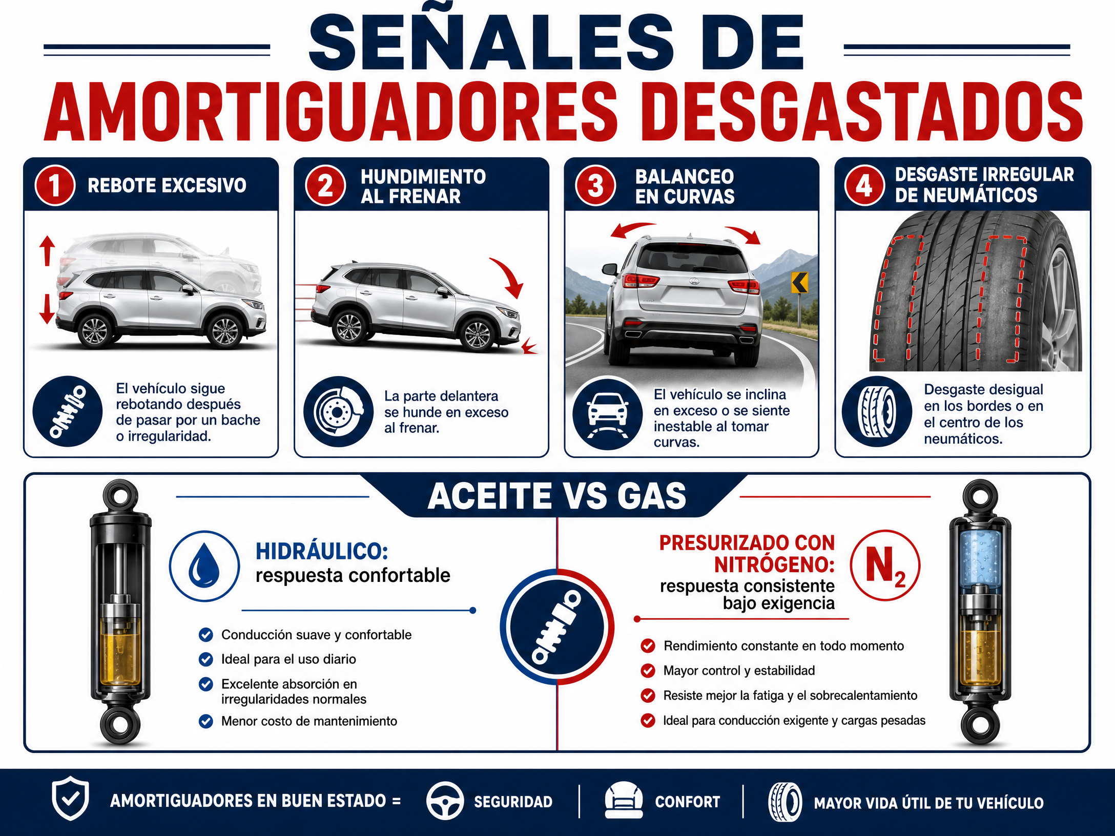 Infografía en español sobre señales de amortiguadores desgastados
