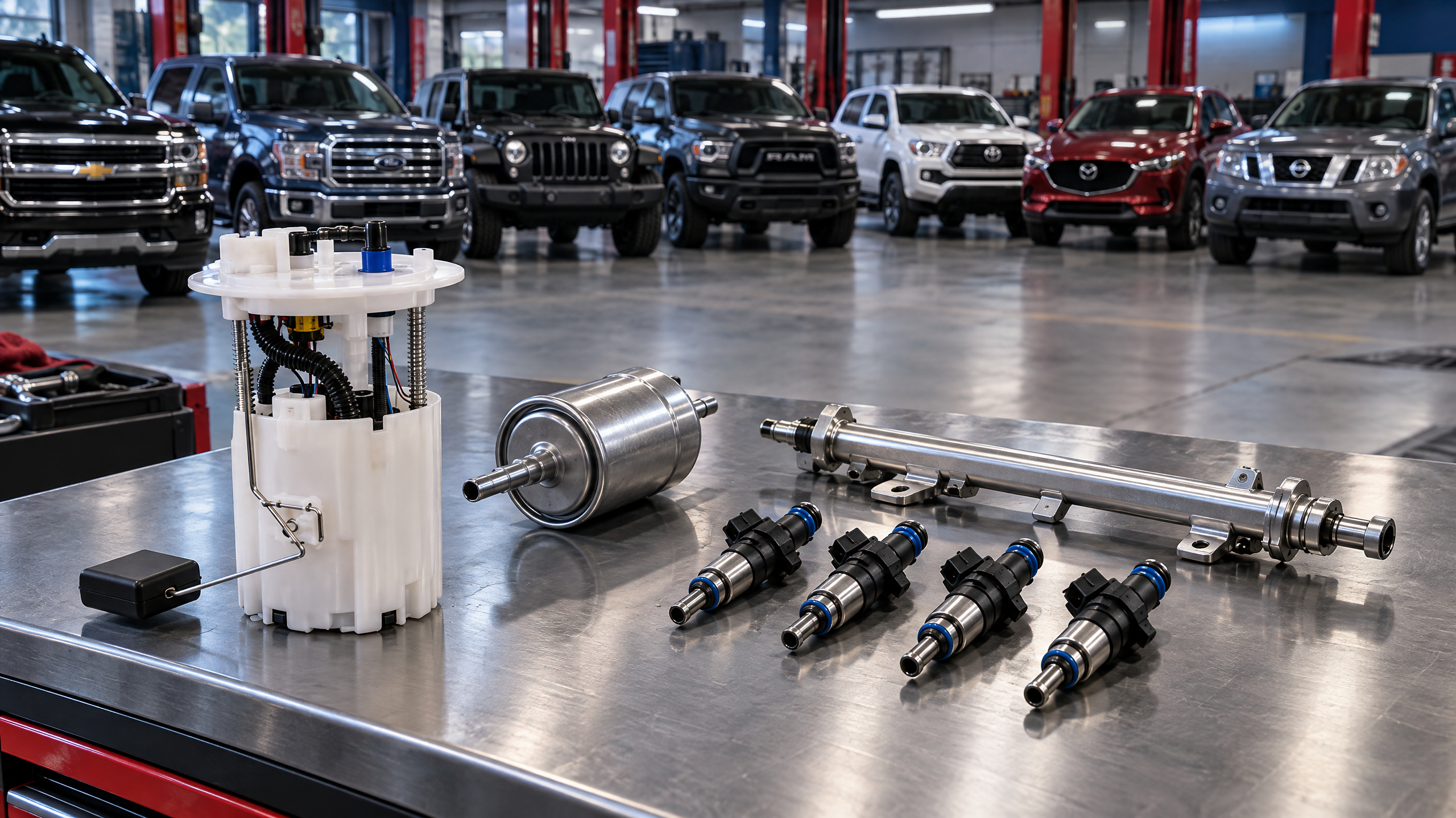 Bomba de combustible, filtro e inyectores en taller automotriz