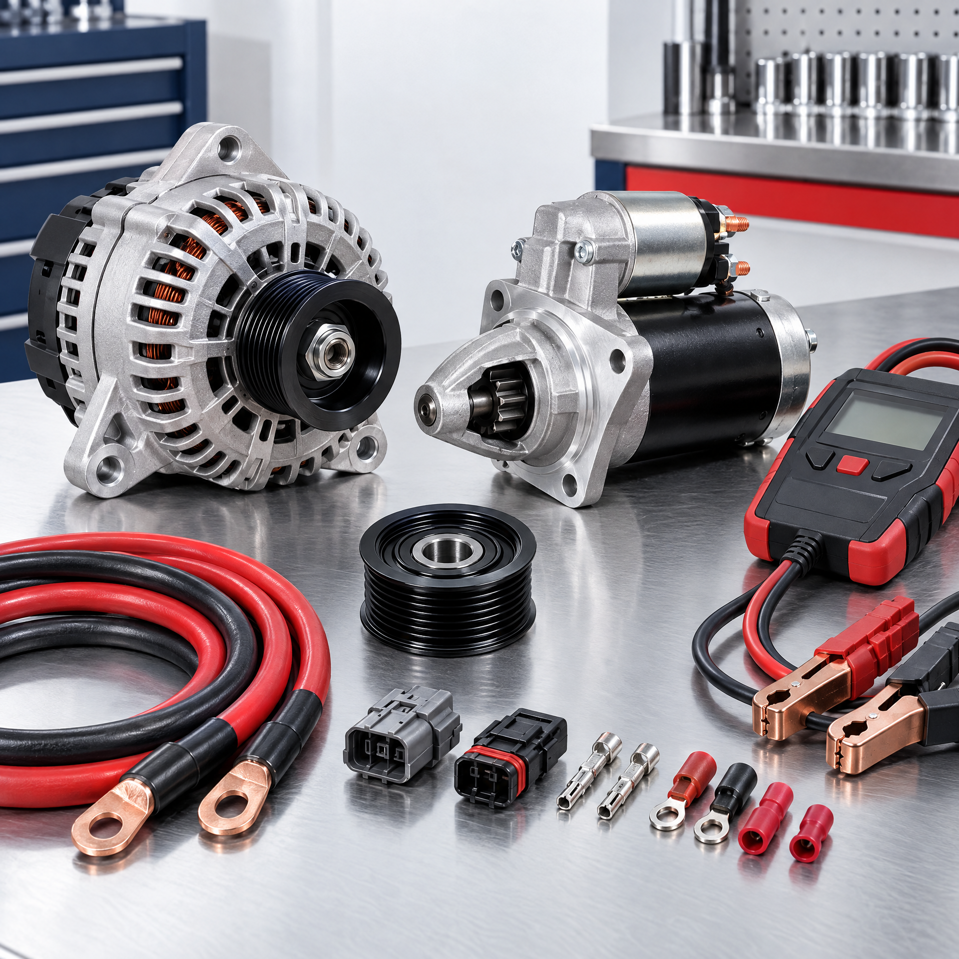 Alternador, motor de arranque, cables y equipo de diagnóstico