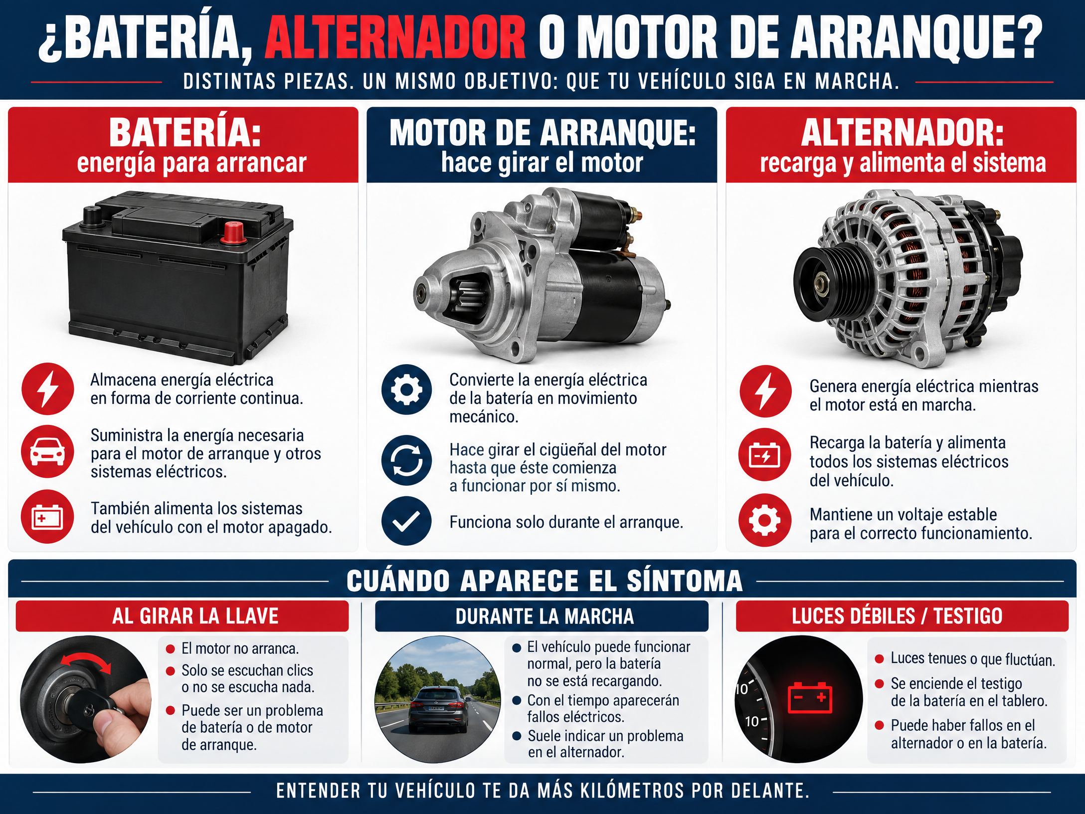 Infografía en español sobre batería, motor de arranque y alternador