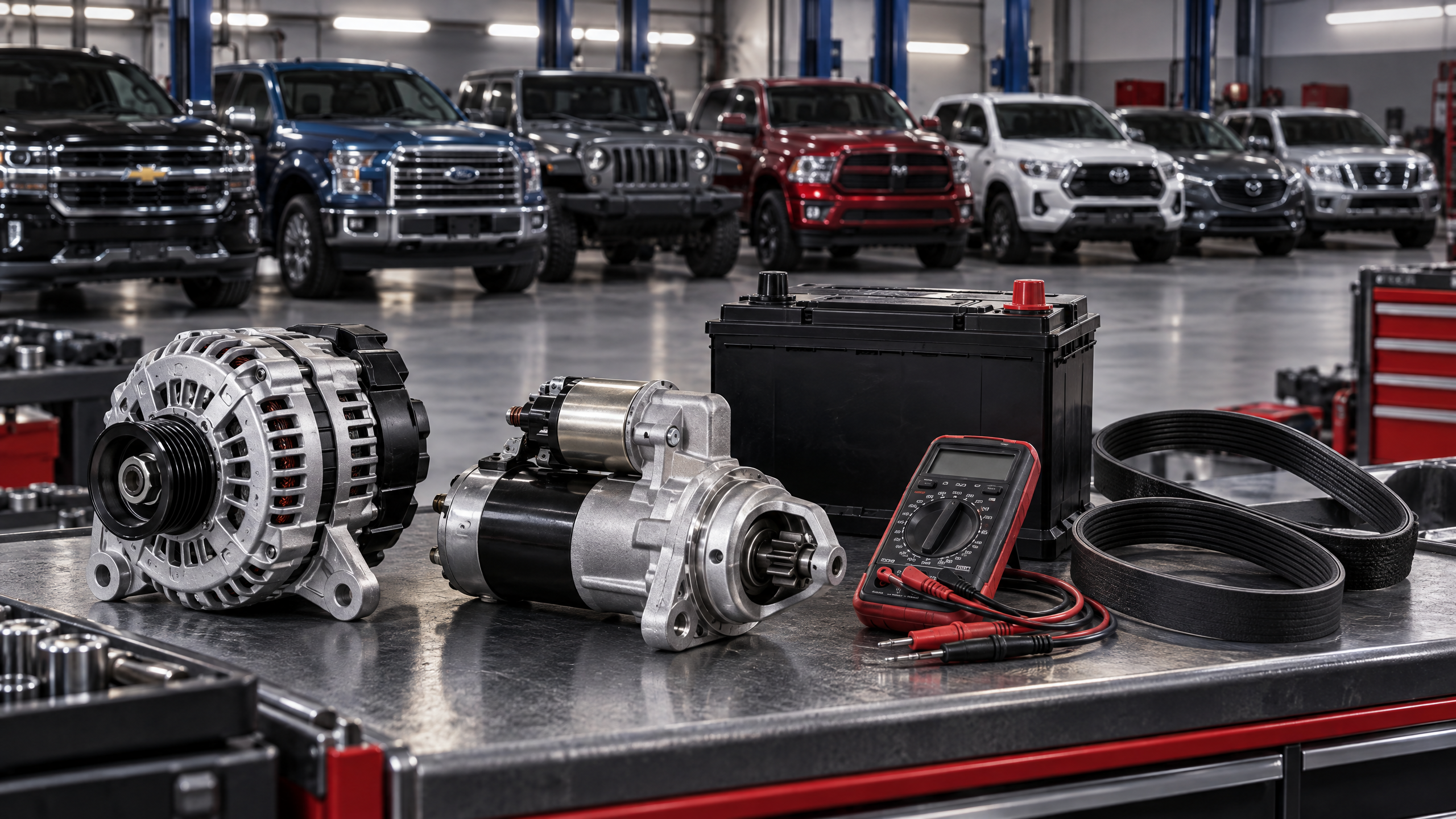 Alternador, motor de arranque, batería y multímetro en taller automotriz