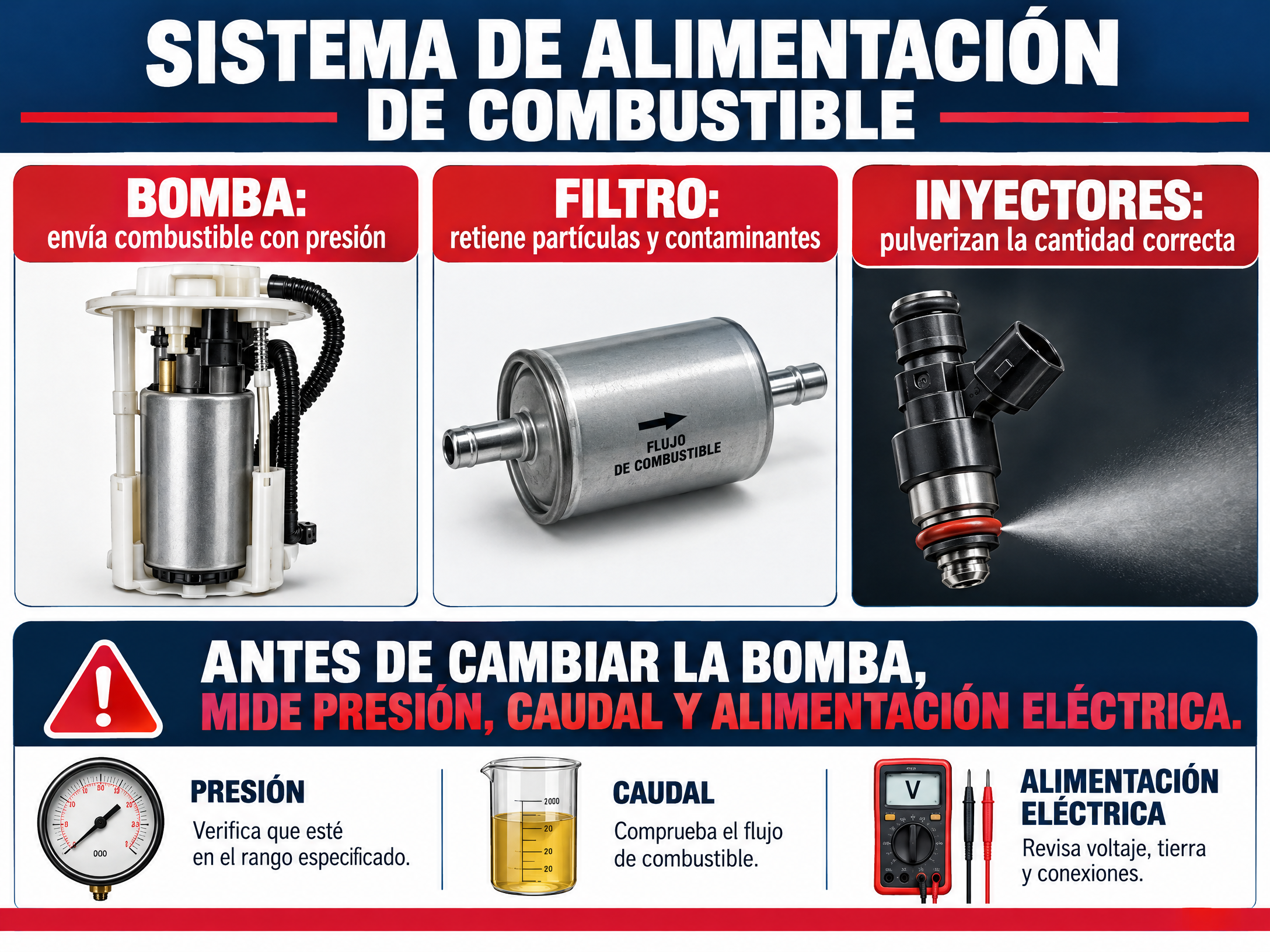 Infografía en español sobre bomba, filtro e inyectores